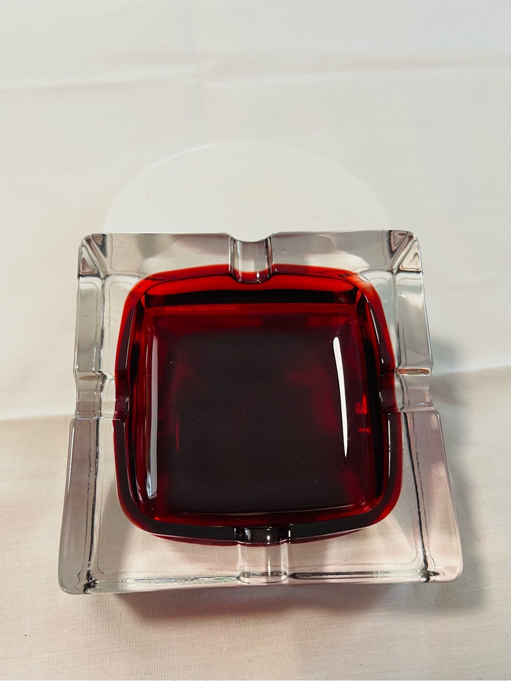 Mid Century Art Glass Ashtray Ruby Red Clear 3" Square Italian